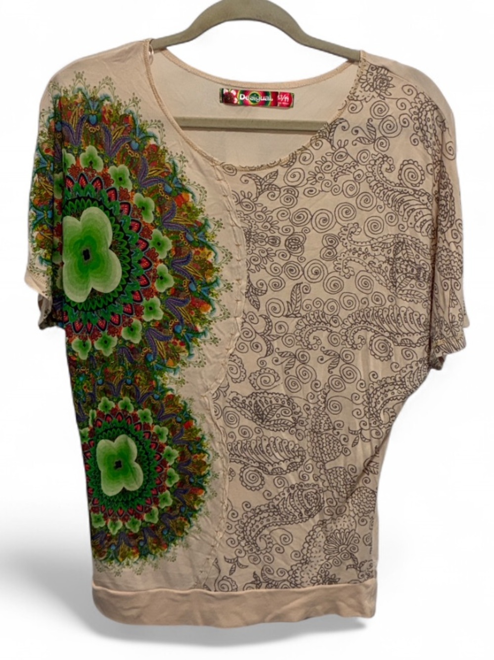 Desigual Beige Short Sleeve Tee with Green Multicolor Floral Mandalas